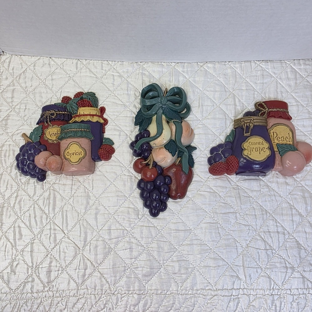 Vintage 90s Burwood Home Interiors Fruit Jam Jelly Jar Wall Plaques Kitsch USA